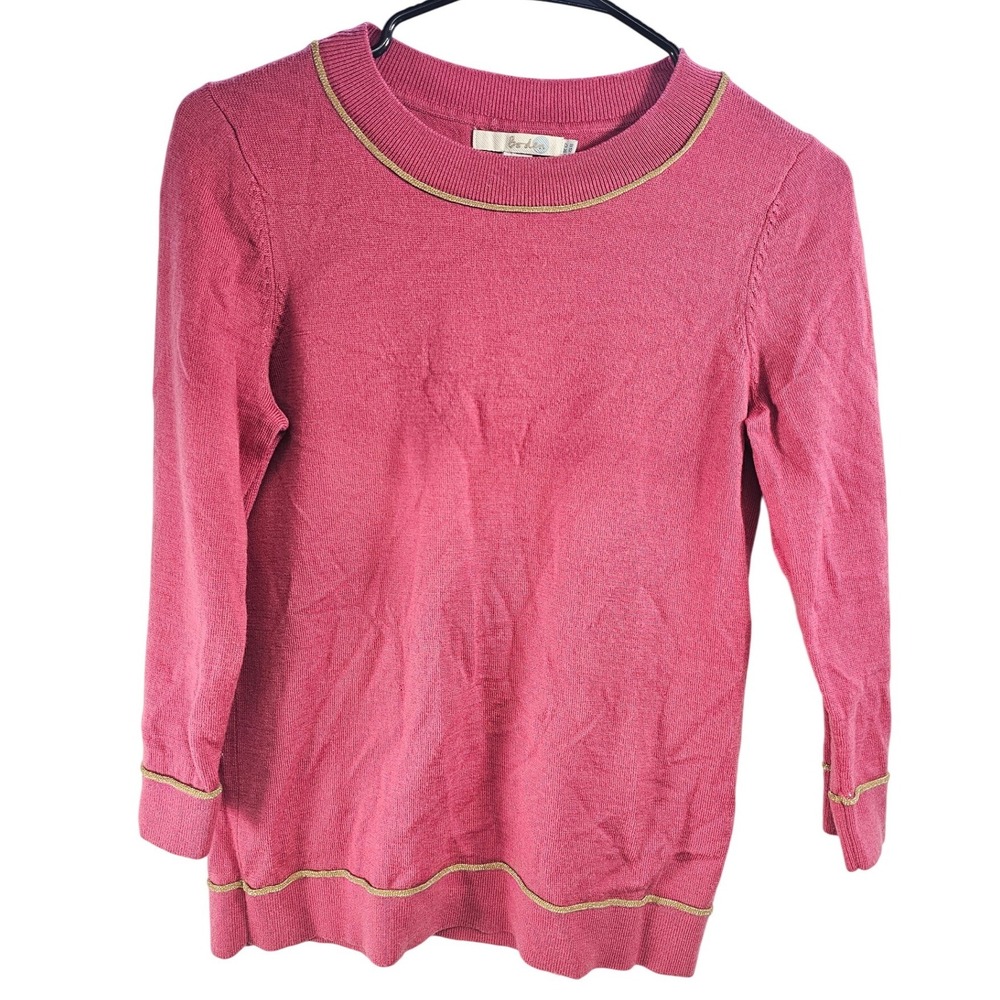 Boden Pink Wool Knit Sweater 3/4 Sleeve Crew Neck Metallic Trim Women US 8 UK 12